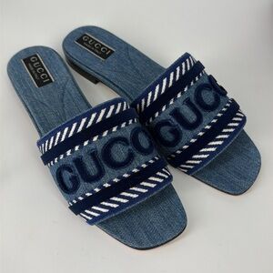 NWT Gucci 39.5 Denim Jean Jane Logo Blue Stripe Slides Sandals E946
